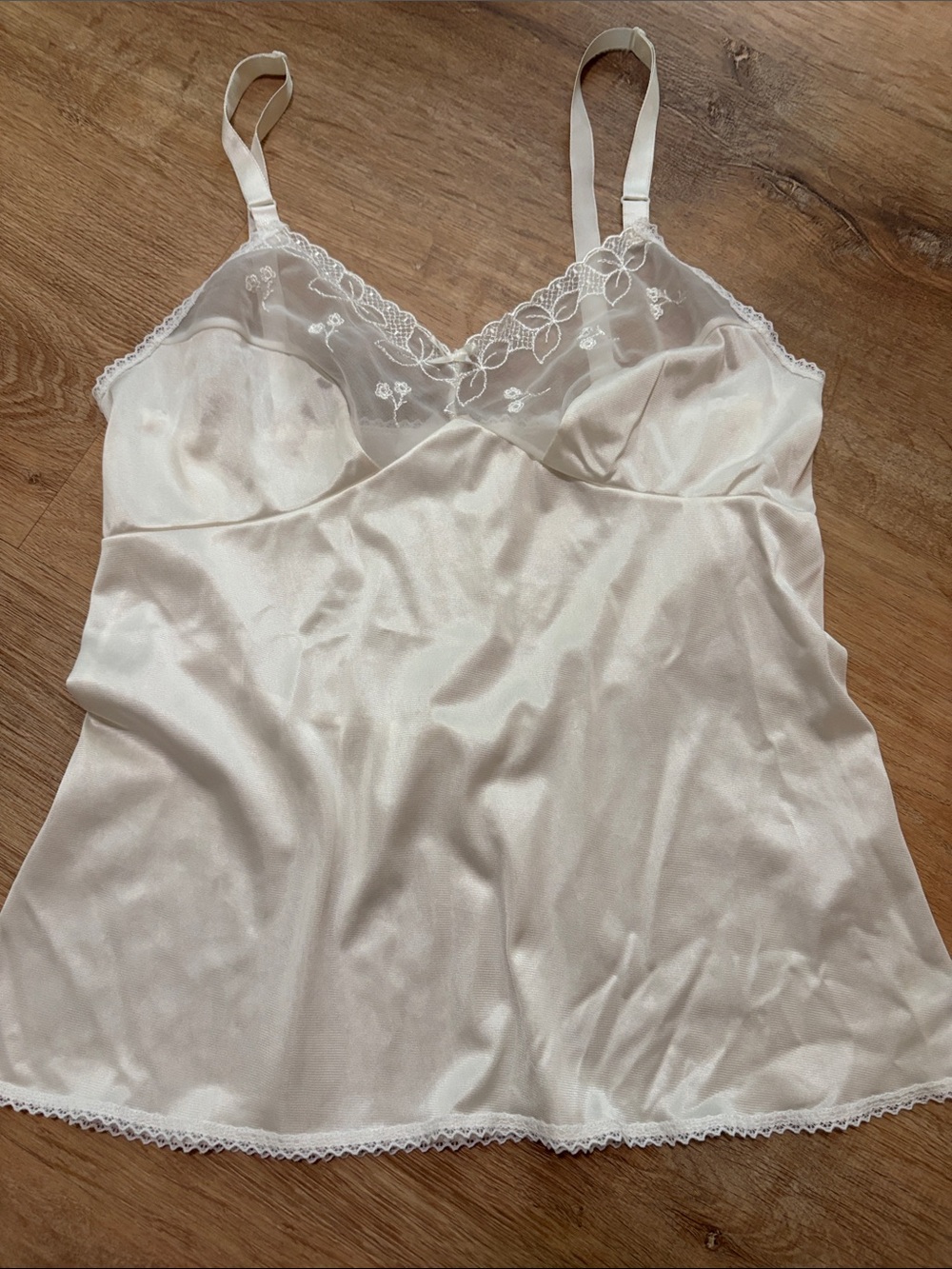 Vintage Silky White Lace-Trim Camisole Slip Top- Women's Intimates Medium
